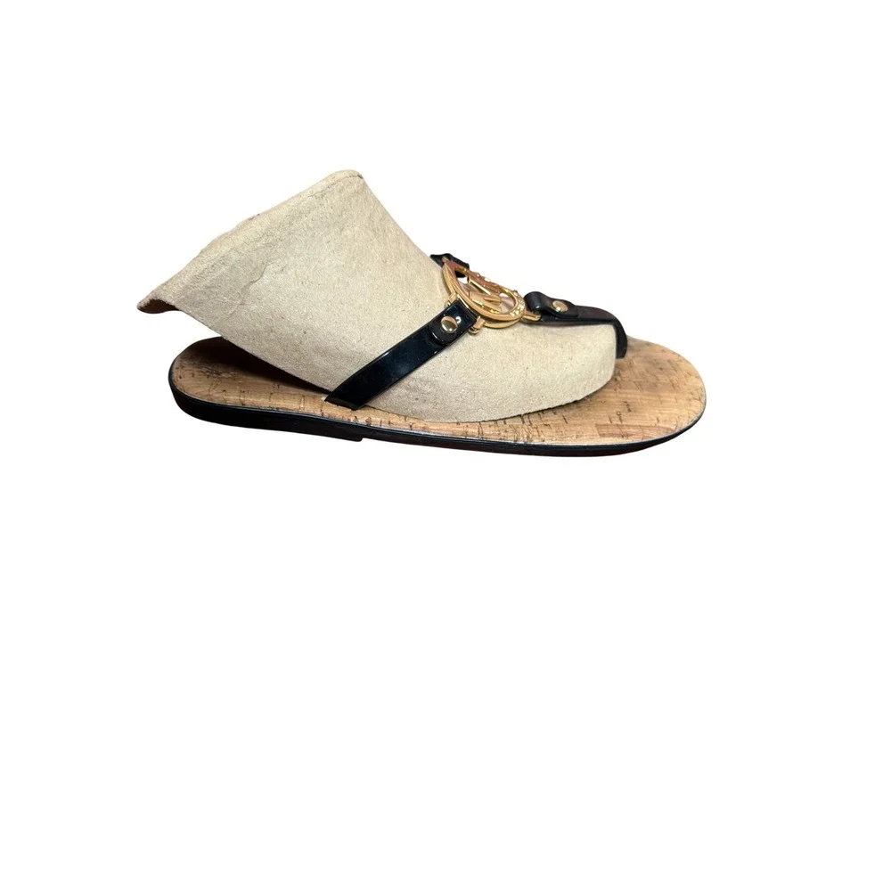 Michael Kors Womens Black Patent Cork Thong Sandals Gold MK Logo Flats Size 6M